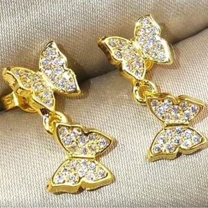 Gold Butterfly Earrings with White Topaz 1 1/2”